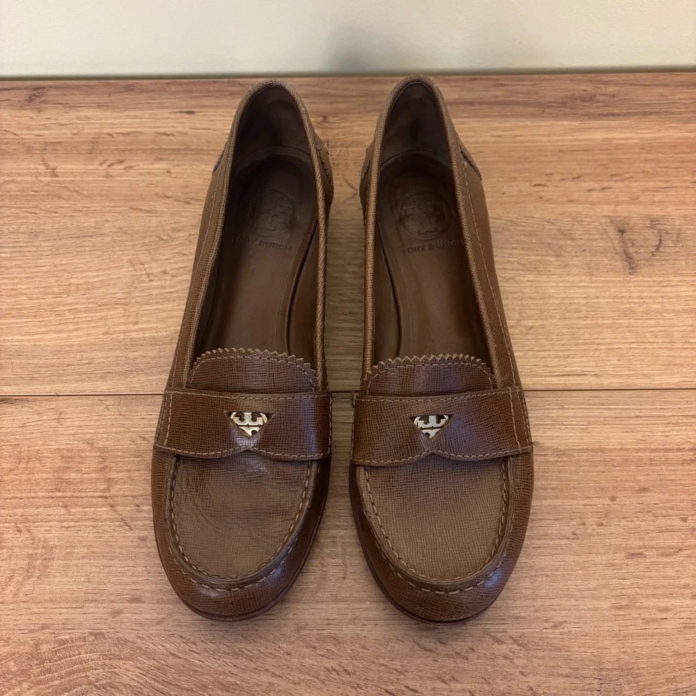 TORY BURCH Leather Penny Loafers Brown Women Size 8 Low Heel Casual Office